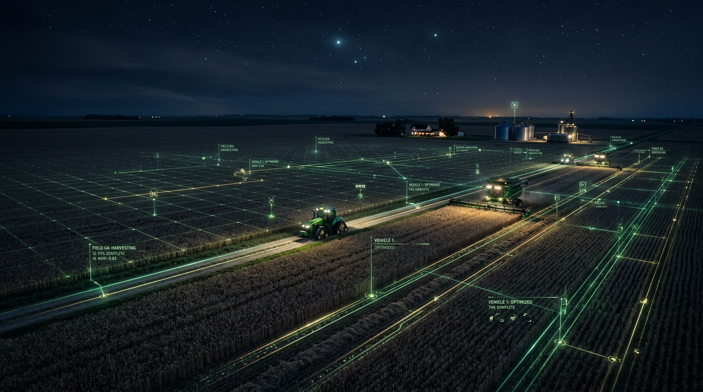 Tecnologia e inovação no campo à noite com telemetria